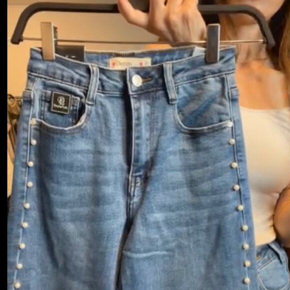 ShopEvelynne Denim - FROM PARIS FRANCE 🇫🇷 Blue Wide-Leg Jeans with Pearl Details